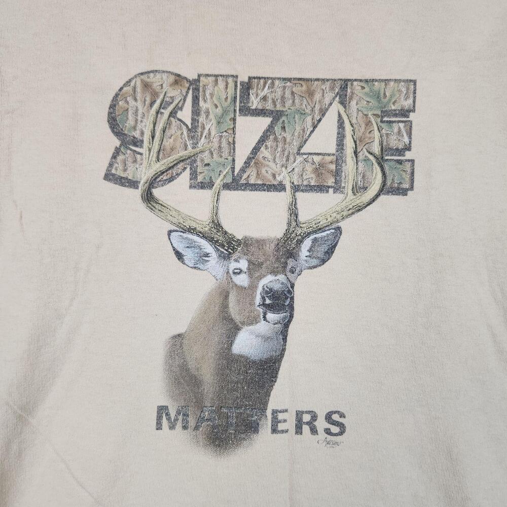 Vintage Buck Shirt Mens 2XL Beige Size Matters Deer Hunting Graphic Funny Joke